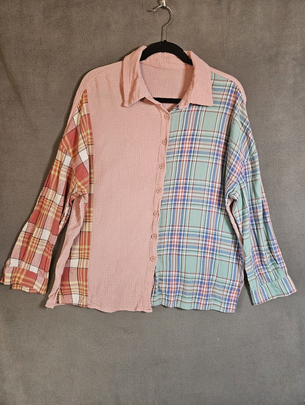 Boho Women Medium Patchwork Gauze Crinkle Cotton Shirt Oversized Lagenlook Plaid